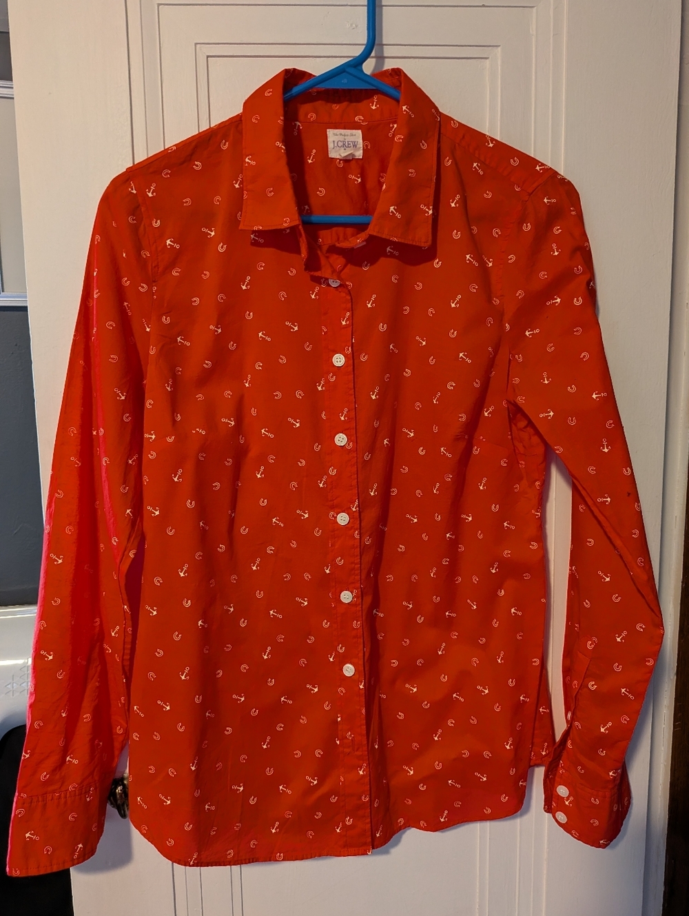 Bright Coral Red J Crew Nautical Print Button Down
